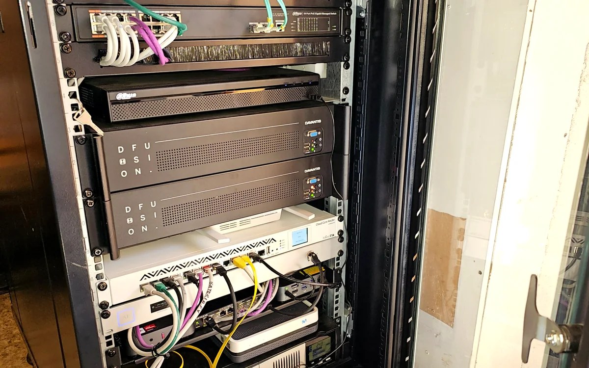 Local infrastructure rack with MikroTik, UPS, networking and automation systems